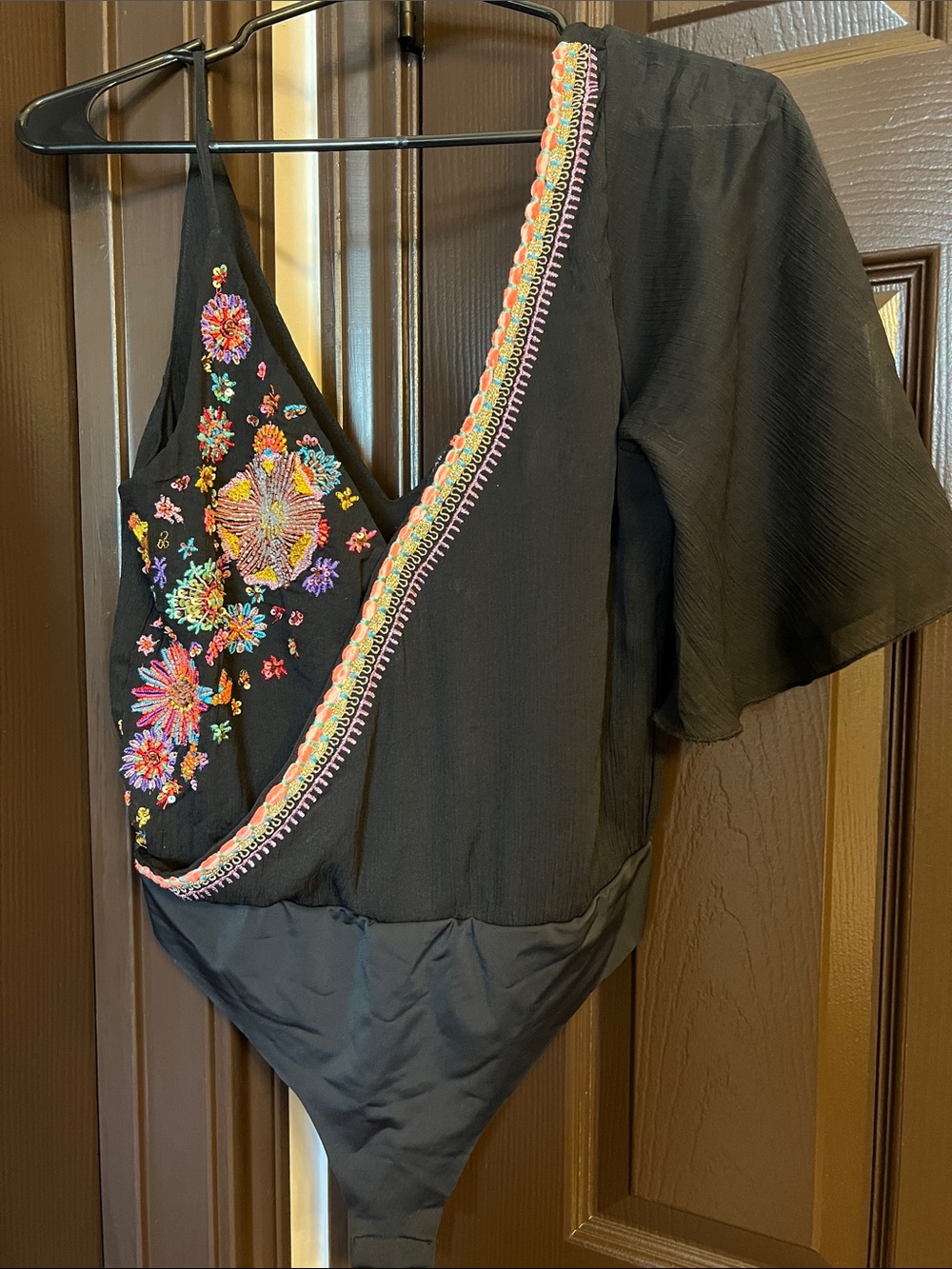 Zara Black Embroidered Floral V-Neck Bodysuit